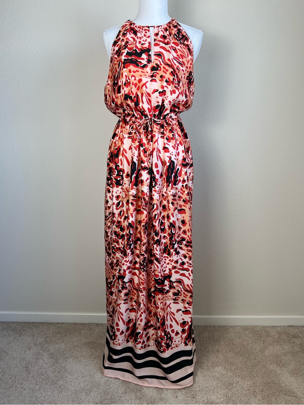 H&M Abstract Animal Print Halter Maxi Dress Y2K Resortwear Pink Red Vacation